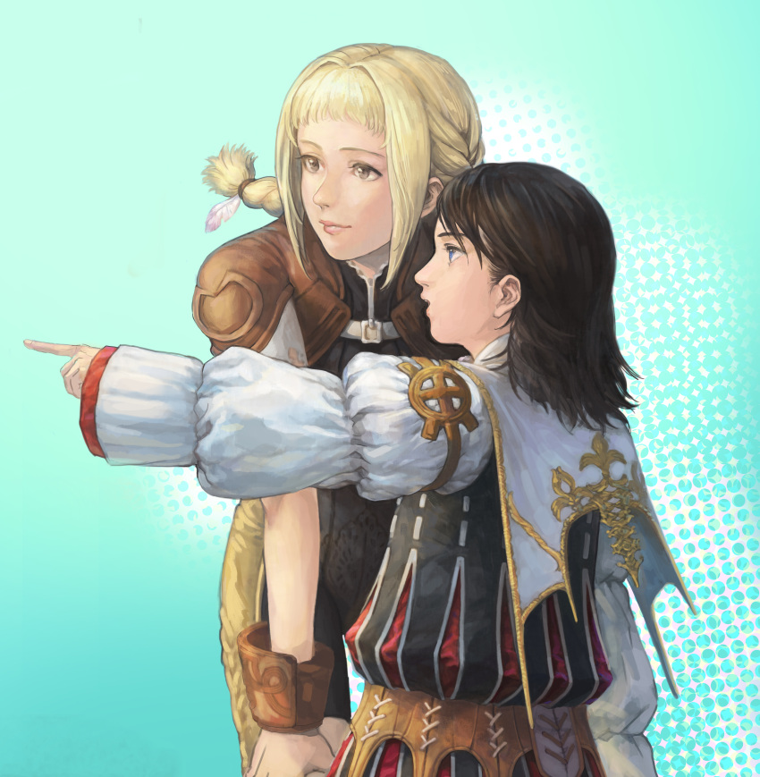 1boy, 1girl, absurdres, blonde_hair, blue_eyes, braid, breasts, final_fantasy, final_fantasy_xii, fuji_(piro), highres, larsa_ferrinas_solidor, long_hair, penelo, twin_braids, twintails