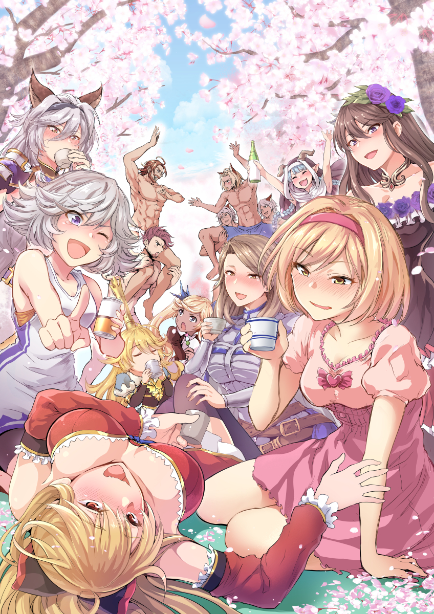 animal_ears, blonde_hair, blush, brown_hair, catalina_(granblue_fantasy), charlotta_(granblue_fantasy), cherry_blossoms, djeeta_(granblue_fantasy)