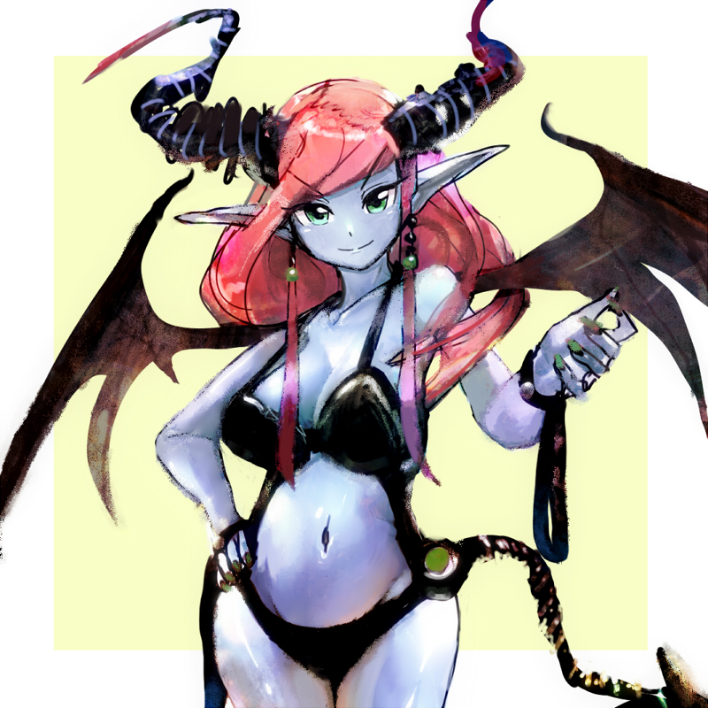 aqua_eyes, armor, bikini_armor, black_wings, blue_skin, byte_(grunty-hag1), demon_girl, demon_horns, demon_tail, earrings, green_nails, hand_on_hip, horns, jewelry, looking_at_viewer, midriff, monster_girl, nail_polish, navel, original, outstretched_hand, pink_hair, pointy_ears, smile, tail, wings
