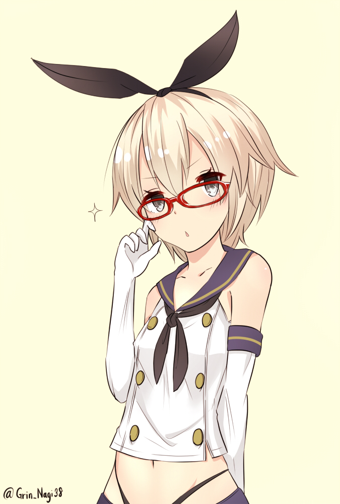 >:o, 1girl, :o, alternate_hair_length, alternate_hairstyle, arm_behind_back, bare_shoulders, bespectacled