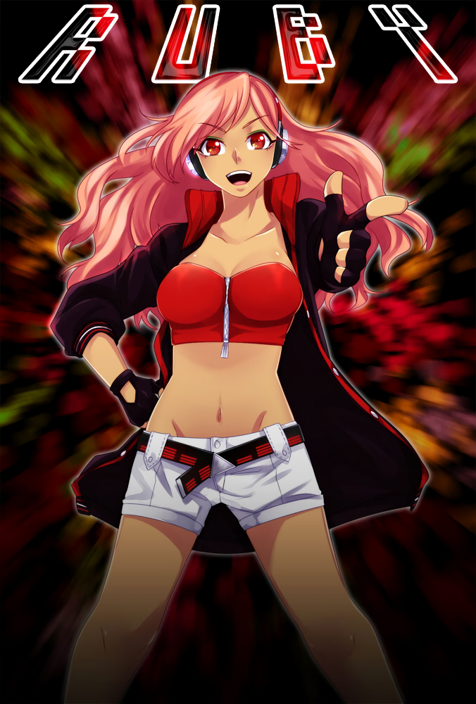 bikini, blush, jacket, long_hair, pink_hair, red_eyes, ruby_(vocaloid), smile