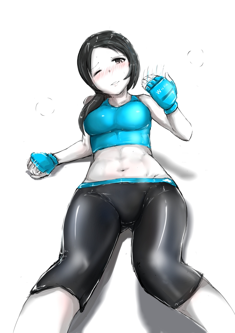 1girl, abs, beckoning, black_hair, blue_gloves, blush, breasts, capri_pants