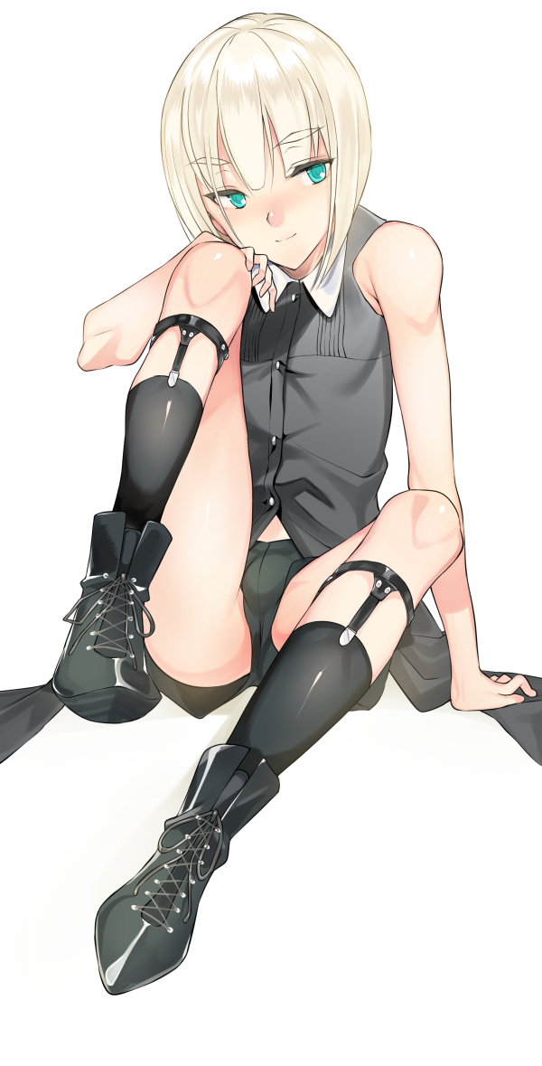1boy, androgynous, aqua_eyes, arm_support, black_legwear, blonde_hair, boots, male_focus, original, otoko_no_ko, rand_(artist), simple_background, sitting, sleeveless, sock_garters, socks, solo, white_background