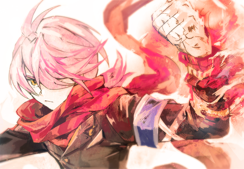 1boy, arm_up, armband, bandaged_arm, bandages, clenched_hand, concrete_revolutio, fire, flame, formal, frown, hitoyoshi_jirou, nameetake, pink_hair, scarf, short_hair, solo, suit, watch, watch, yellow_eyes