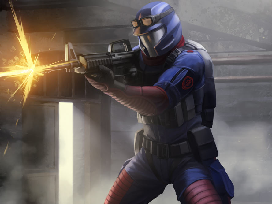 1boy, armor, artist_request, assault_rifle, backpack, bag, cobra_viper, emblem, faceplate, firing, g.i._joe, gloves, goggles, gun, helmet, m16, m4_carbine, military, military_uniform, realistic, rifle, science_fiction, smoke, soldier, uniform, vest, weapon