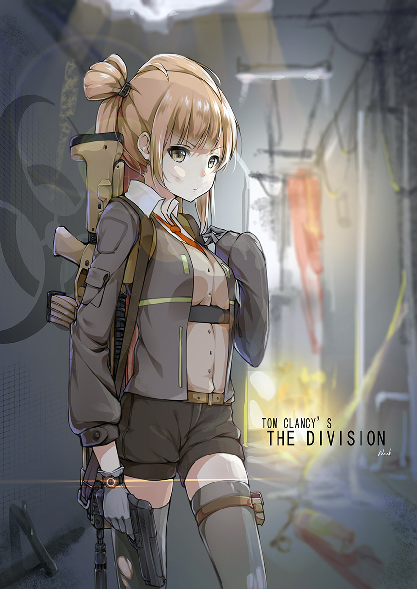 1girl, assault_rifle, backpack, bag, gloves, gun, handgun, highres
