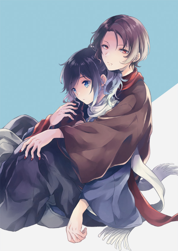 2boys, black_hair, blue_eyes, brown_hair, earrings, hug, hug_from_behind, japanese_clothes