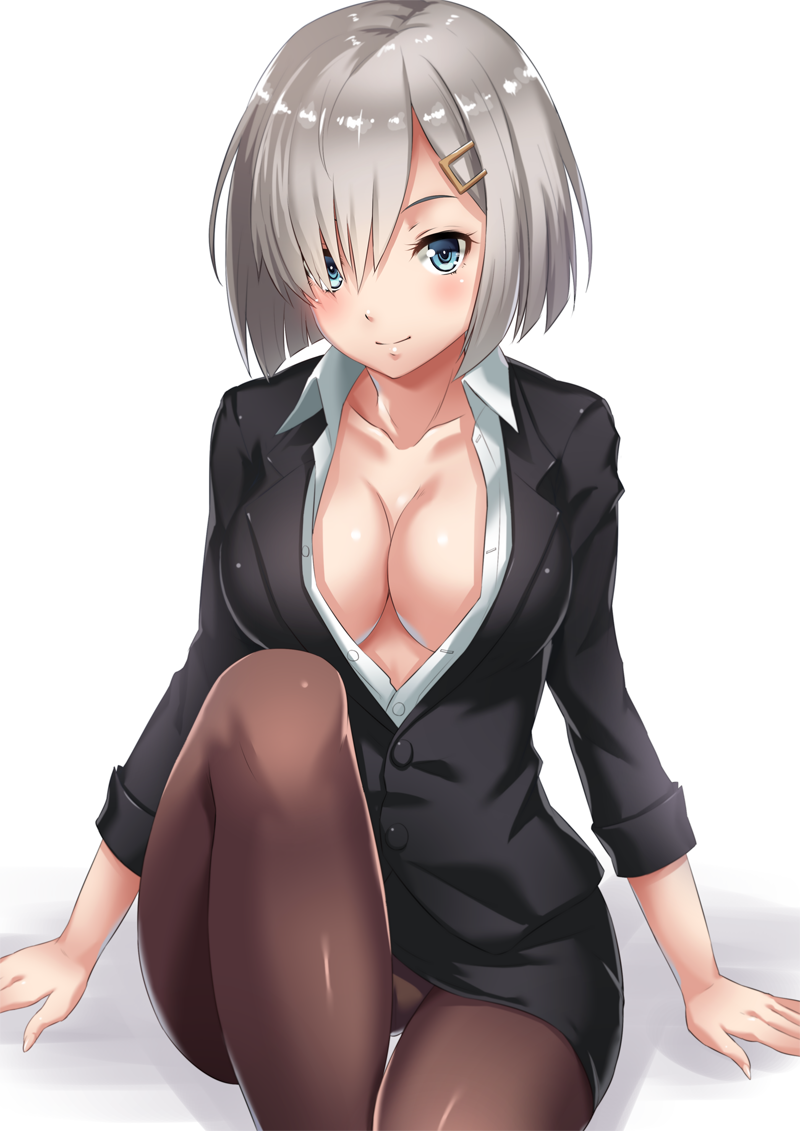 1girl, alternate_costume, blue_eyes, blush, breasts, brown_legwear, buttons, cleavage