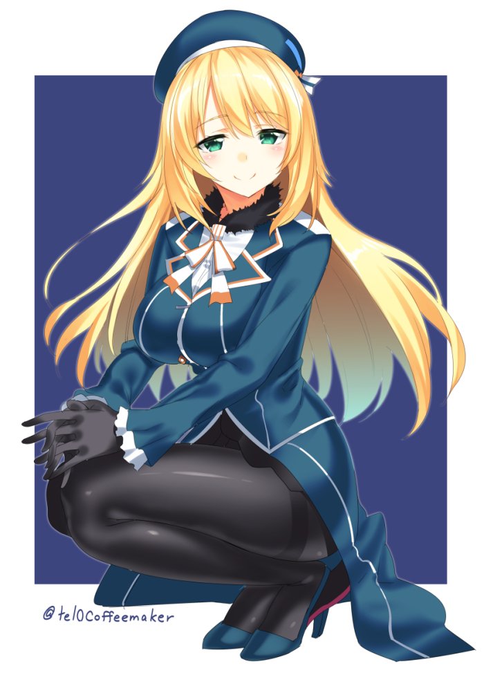 1girl, atago_(kantai_collection), beret, black_gloves, black_legwear, blonde_hair, blue_background, blue_eyes