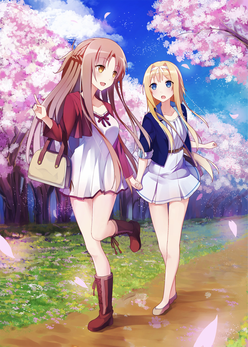 .com, 2girls, alice_schuberg, asuna_(sao), bag, blonde_hair, blue_eyes, brown_eyes