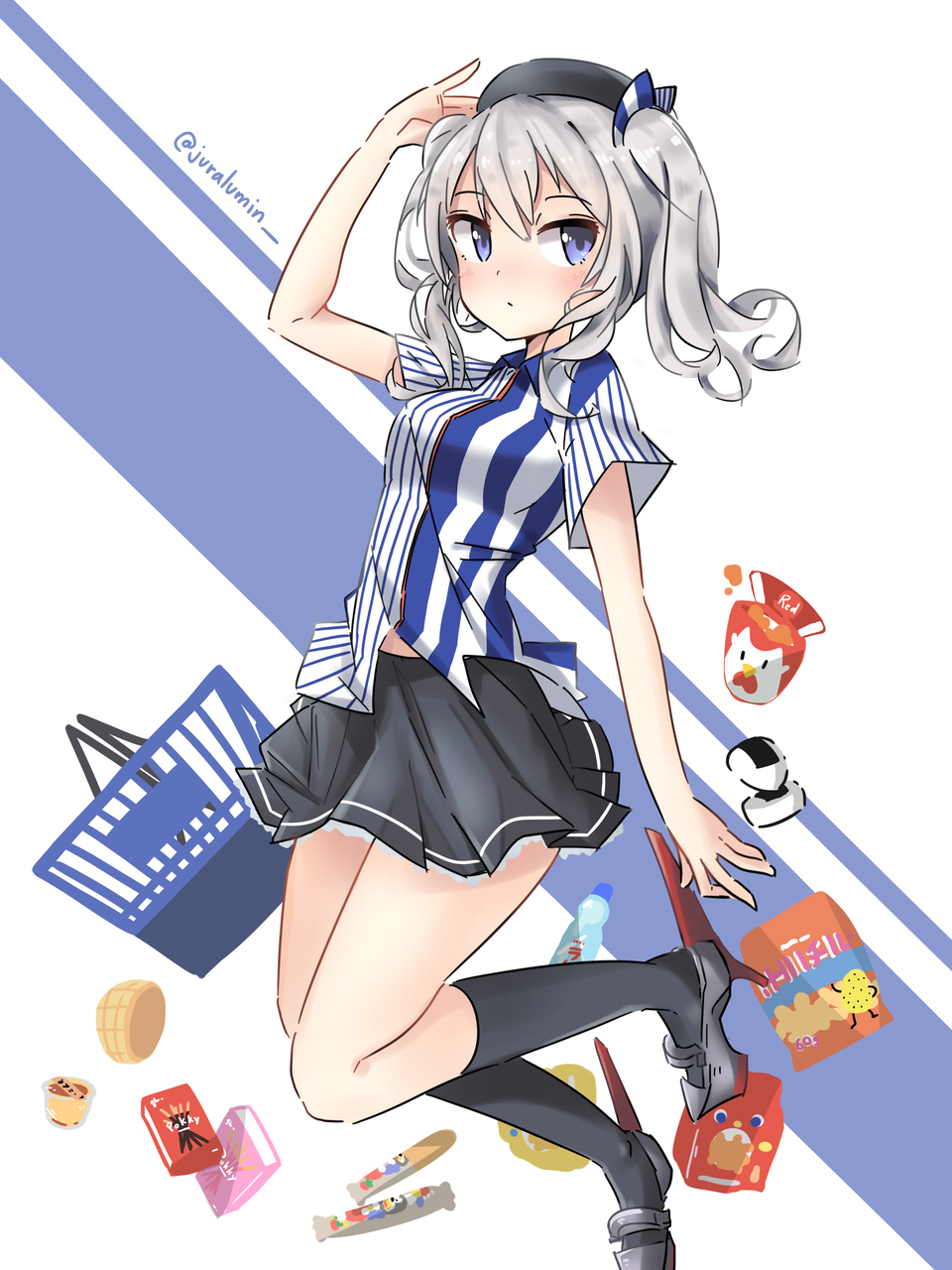 1girl, basket, blue_eyes, employee_uniform, food, highres, juralumin, kantai_collection
