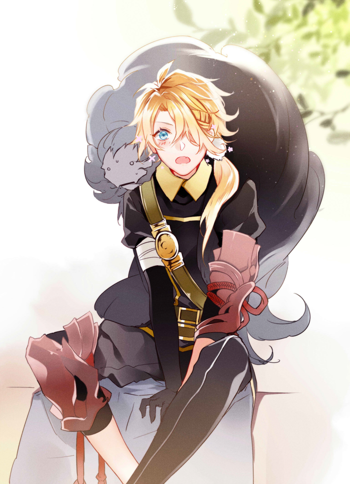 1boy, armor, black_gloves, blonde_hair, blue_eyes, fang, gloves, hair_over_one_eye