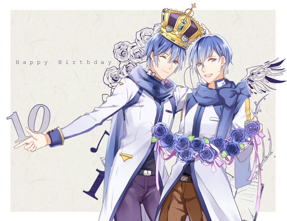 2boys, blue_eyes, blue_hair, blue_rose, crown, dual_persona, flower, happy_birthday