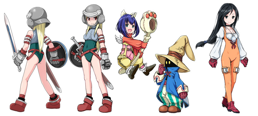 1boy, 4girls, alexandrian_soldier, armor, ass, belt, black_eyes, black_hair, black_mage, blonde_hair, blue_hair, bodysuit, boots, breastplate, breasts, coat, covered_navel, eiko_carol, final_fantasy, final_fantasy_ix, garnet_til_alexandros_xvii, gauntlets, gloves, green_eyes, hay, helmet, highres, horn, kimagure_blue, leotard, long_hair, low_ponytail, multiple_girls, open_mouth, pants, red_eyes, ribbon, sheath, sheathed, shield, shirt, shoes, smile, staff, sword, vivi_ornitier, weapon, wings