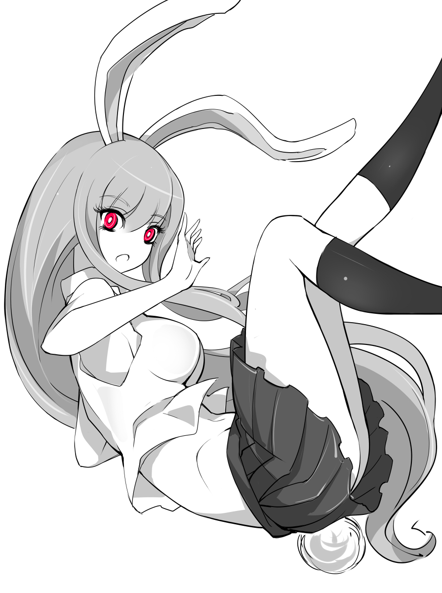 1girl, animal_ears, blouse, breasts, bunny_tail, highres, large_breasts, long_hair, midriff, monochrome, open_mouth, pleated_skirt, rabbit_ears, raptor7, red_eyes, reisen_udongein_inaba, simple_background, skirt, sleeveless_blouse, solo, spot_color, tail, touhou, very_long_hair, white_background