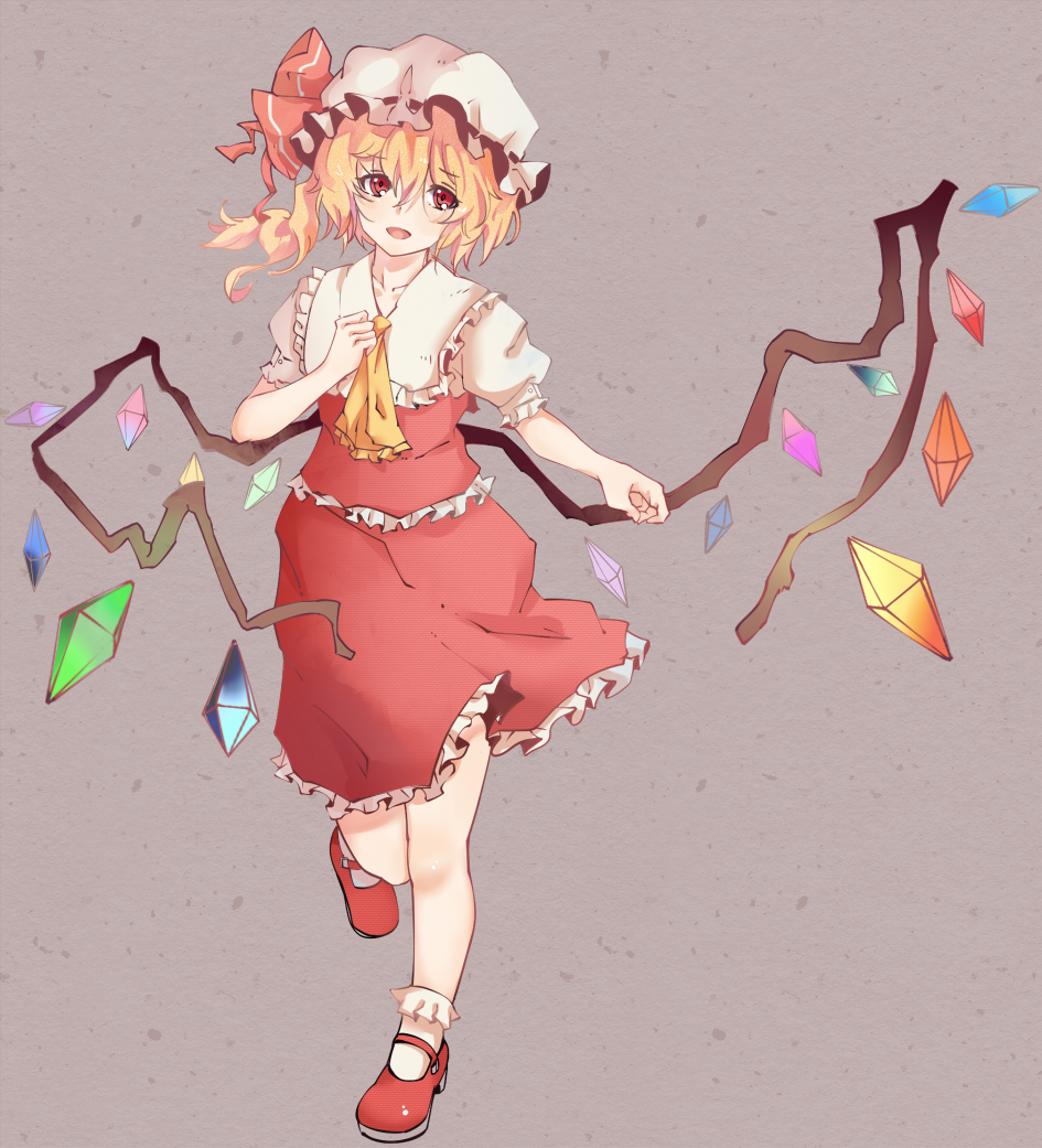 1girl, ascot, blonde_hair, blouse, crystal, flandre_scarlet, full_body, hat, hat_ribbon, mob_cap, puffy_sleeves, qwer1234777, red_eyes, ribbon, short_sleeves, side_ponytail, skirt, skirt_set, smile, solo, touhou, vest, wings, wrist_cuffs