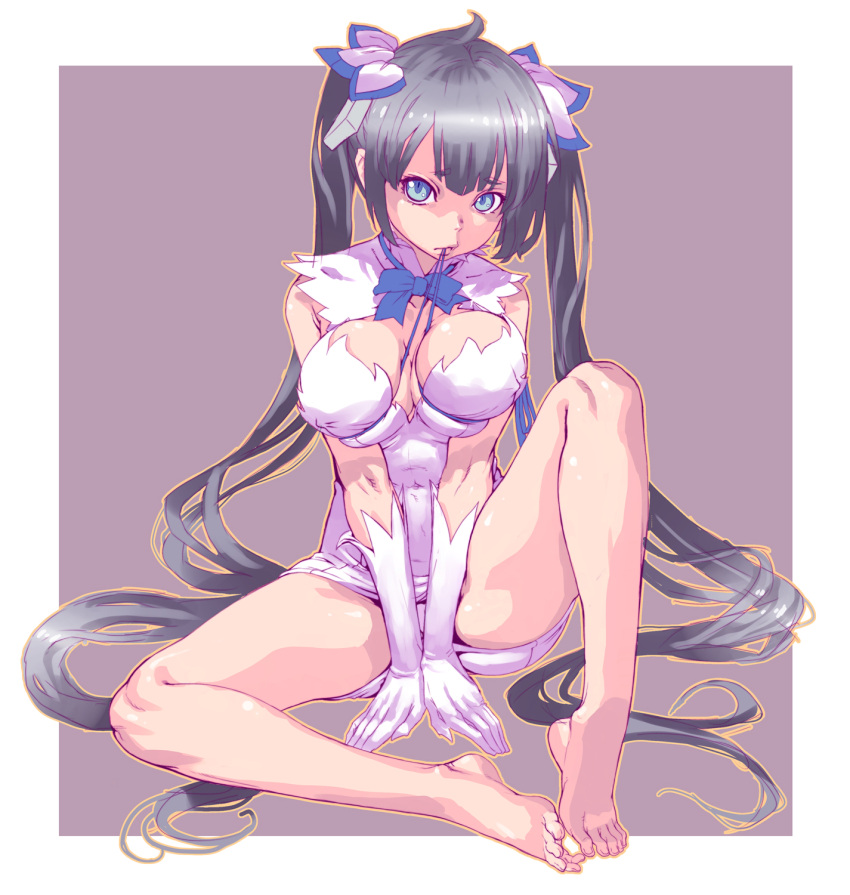 1girl, bad_feet, bare_legs, barefoot, black_hair, breast_lift, breast_squeeze, breasts