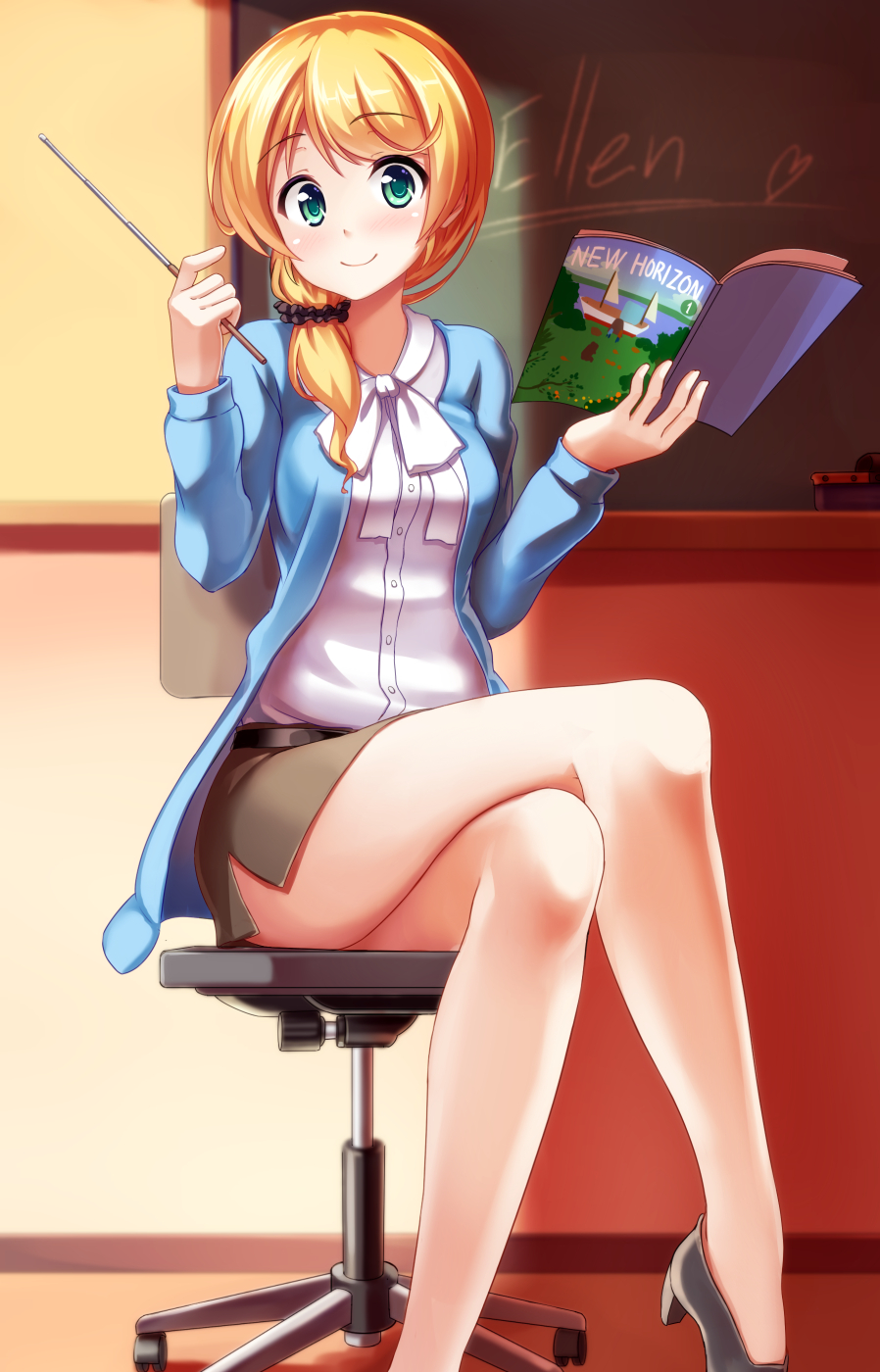 1girl, bare_legs, blonde_hair, blue_jacket, blush, book, chair, chalkboard