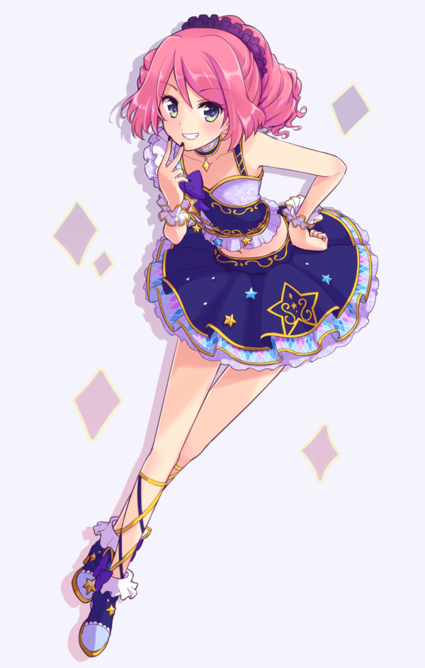 1girl, :d, anklet, armpits, asymmetrical_clothes, bare_shoulders, black_nails, blue_eyes, blue_shoes, blue_skirt, bow, collarbone, cross-laced_footwear, crossed_legs, eyebrows, eyebrows_visible_through_hair, frills, full_body, gem, glint, green_eyes, grey_background, grin, hetero, jewelry, layered_skirt, looking_at_viewer, nail_polish, navel, open_mouth, original, pendant, pink_hair, ponytail, purple_bow, quro_(black_river), shirt, shoes, short_hair, simple_background, skirt, sleeveless, sleeveless_shirt, smile, solo, sparkle, standing, star, stomach, swimsuit, teeth, thigh_gap, topaz_(stone), tsurime, watson_cross, wrist_cuffs