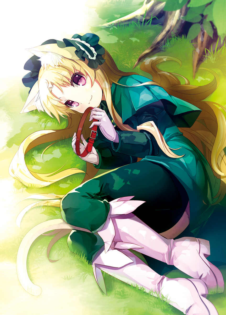 1girl, animal_ears, blonde_hair, bonnet, cat_ears, cat_tail, collar_removed, hairband