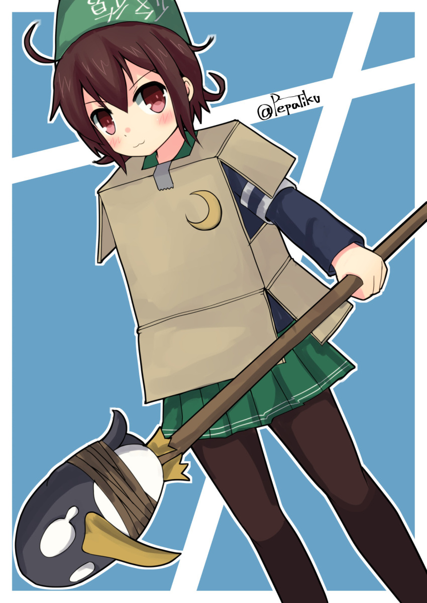 1girl, :3, blush, box, brown_hair, bucket, cardboard_box, crescent
