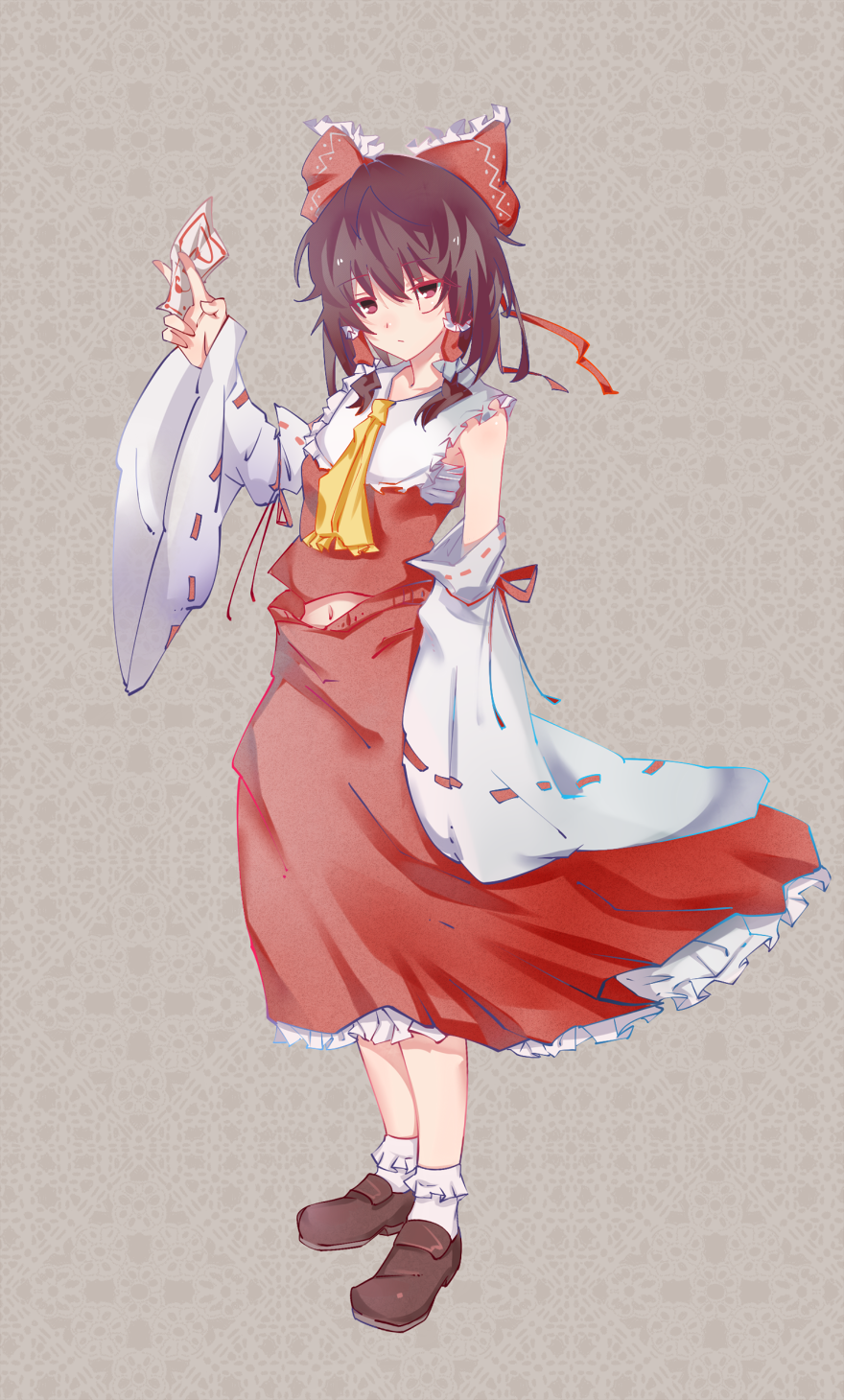 armpits, ascot, blouse, bow, brown_hair, detached_sleeves, full_body, hair_bow, hair_tubes, hakurei_reimu, highres, nontraditional_miko, qwer1234777, short_hair, skirt, skirt_set, talisman, touhou, wide_sleeves