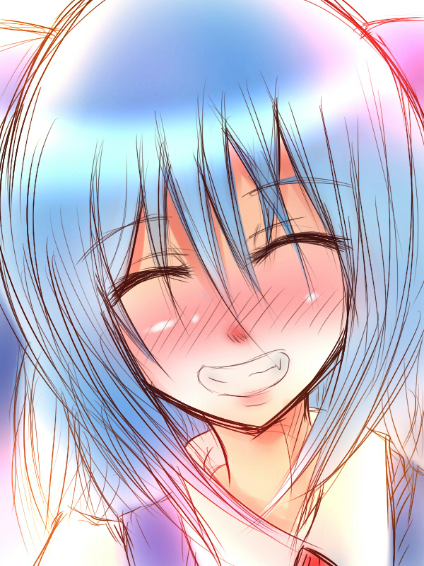 bajiru, blue_hair, blush, cirno, closed_eyes, face, fang, grin