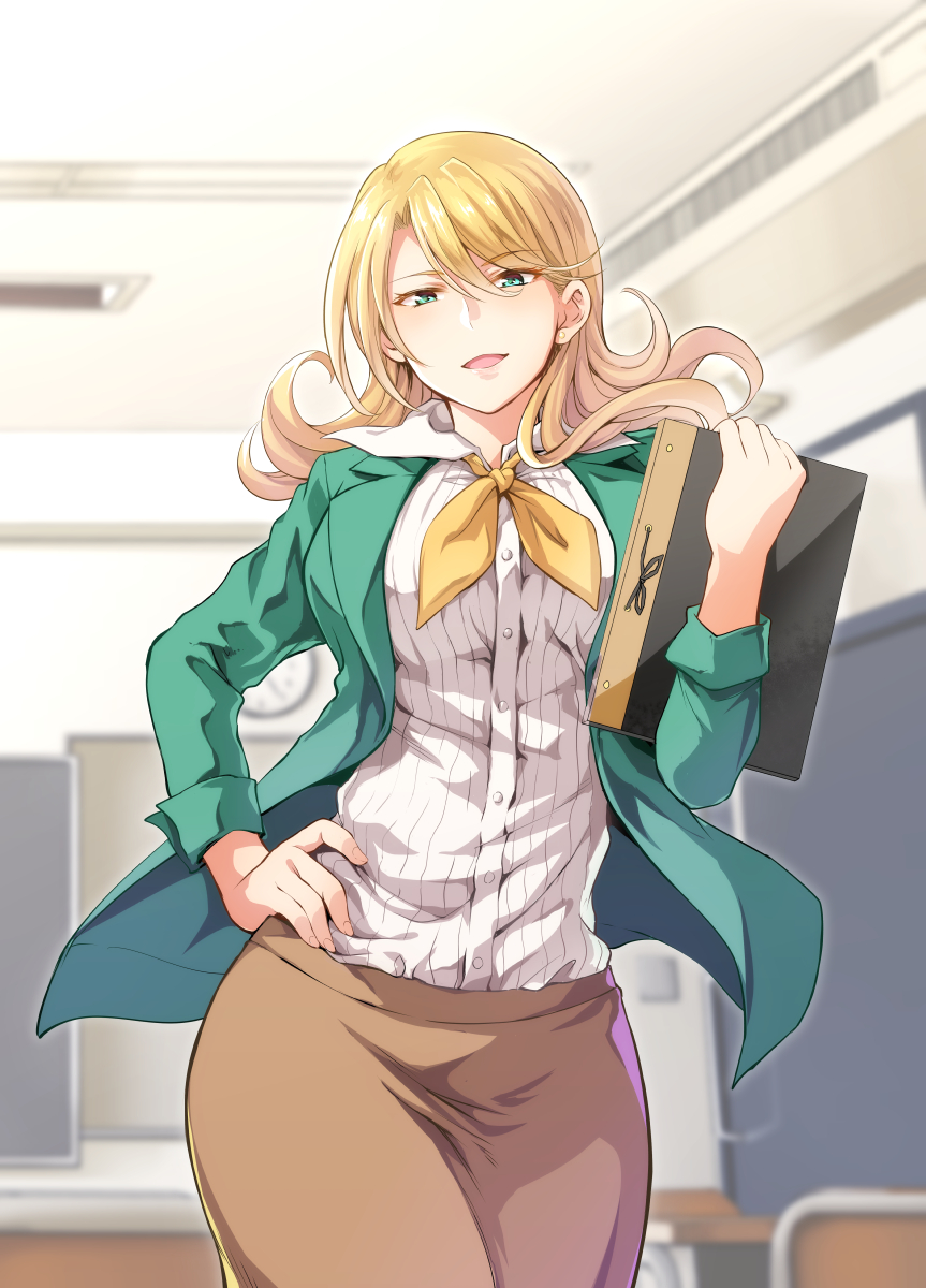 1girl, anne_green, bangs, blonde_hair, breasts, classroom, green_eyes, green_jacket