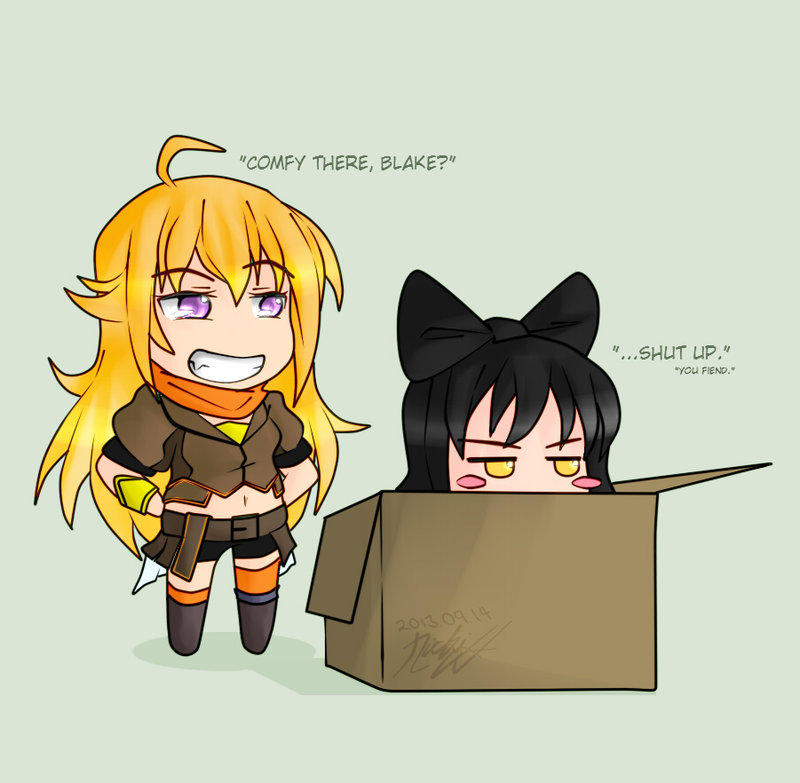 2girls, black_hair, blake_belladonna, blonde_hair, blush_stickers, bow, box, chibi