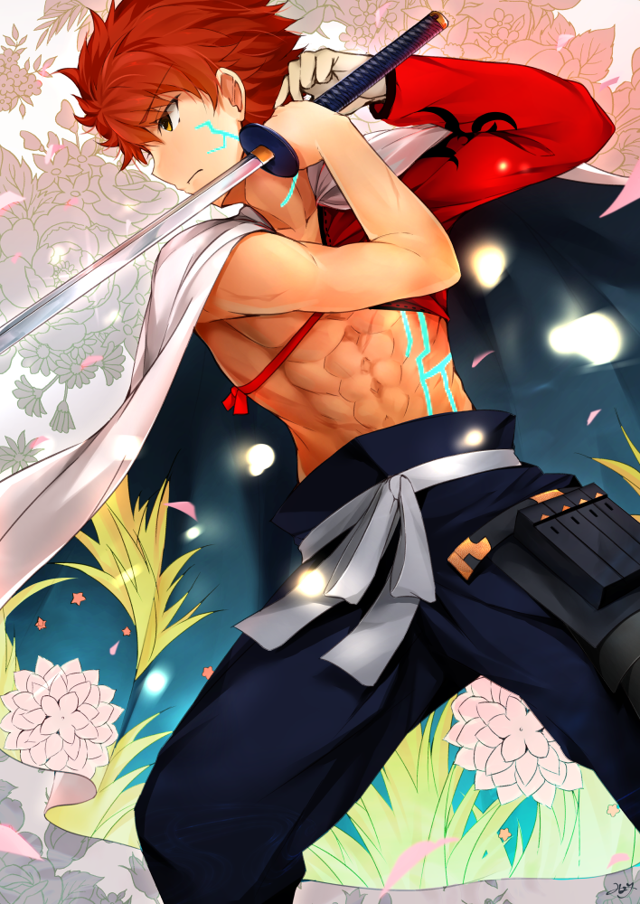 1boy, abs, cape, cowboy_shot, emiya_shirou, fate/grand_order, fate_(series), fighting_stance, floral_background, igote, limited/zero_over, looking_away, male_focus, messy_hair, minari_(minari37), pants, redhead, solo, sword, tattoo, weapon, yellow_eyes