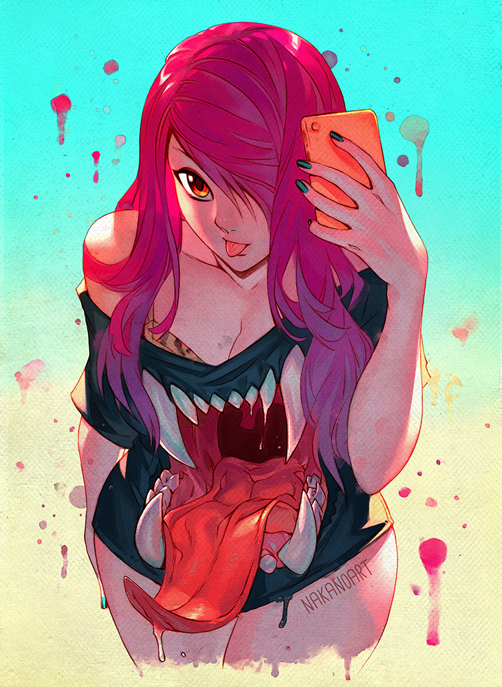 1girl, :p, arm_at_side, artist_name, black_shirt, blood, blood_splatter, blue_nails