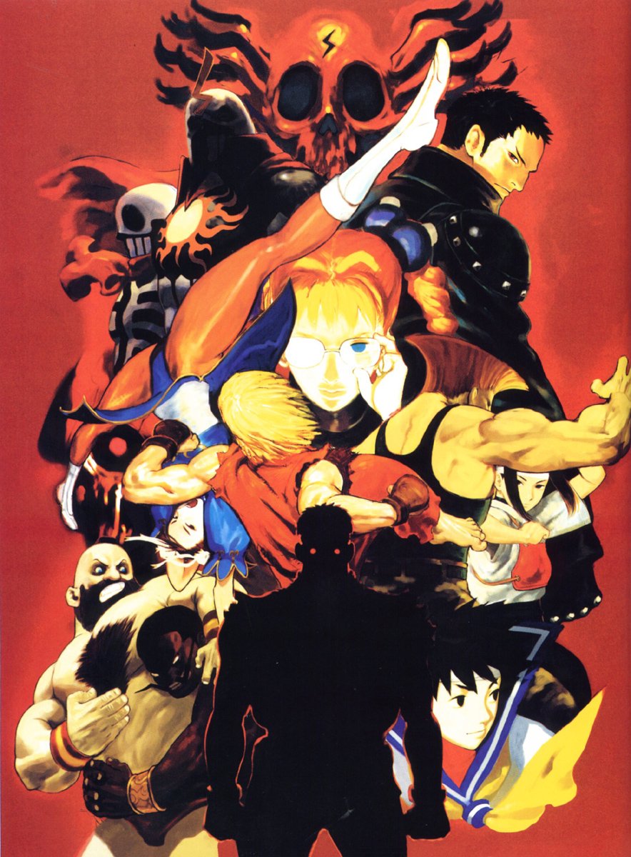 ace_(street_fighter), area, armband, beard, black_hair, blonde_hair, blue_eyes, chest_hair, chun-li, darun_mister, dougi, facial_hair, garuda_(street_fighter), glasses, gloves, glowing, glowing_eyes, guile, highres, hokuto_(street_fighter), kasugano_sakura, ken_masters, mohawk, muscle, mustache, official_art, pantyhose, red_eyes, ryu, ryuu_(street_fighter), scarf, school_uniform, shadow_geist, short_hair, silhouette, skull, skullomania, street_fighter, street_fighter_ex, zangief
