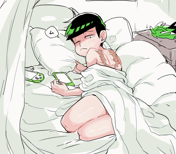 1boy, :<, black_hair, blanket, cellphone, handheld_game_console, laurel_crown, looking_at_viewer