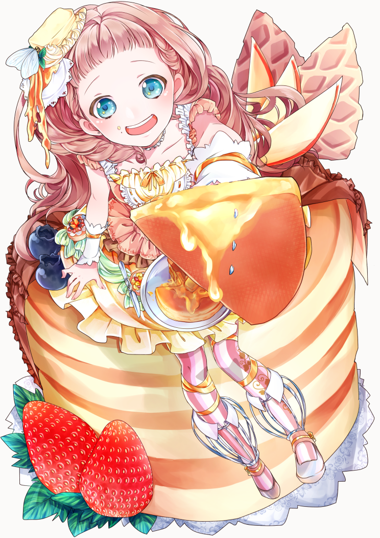 1girl, apple_slice, blue_eyes, blueberry, butter, cream, food, food_as_clothes