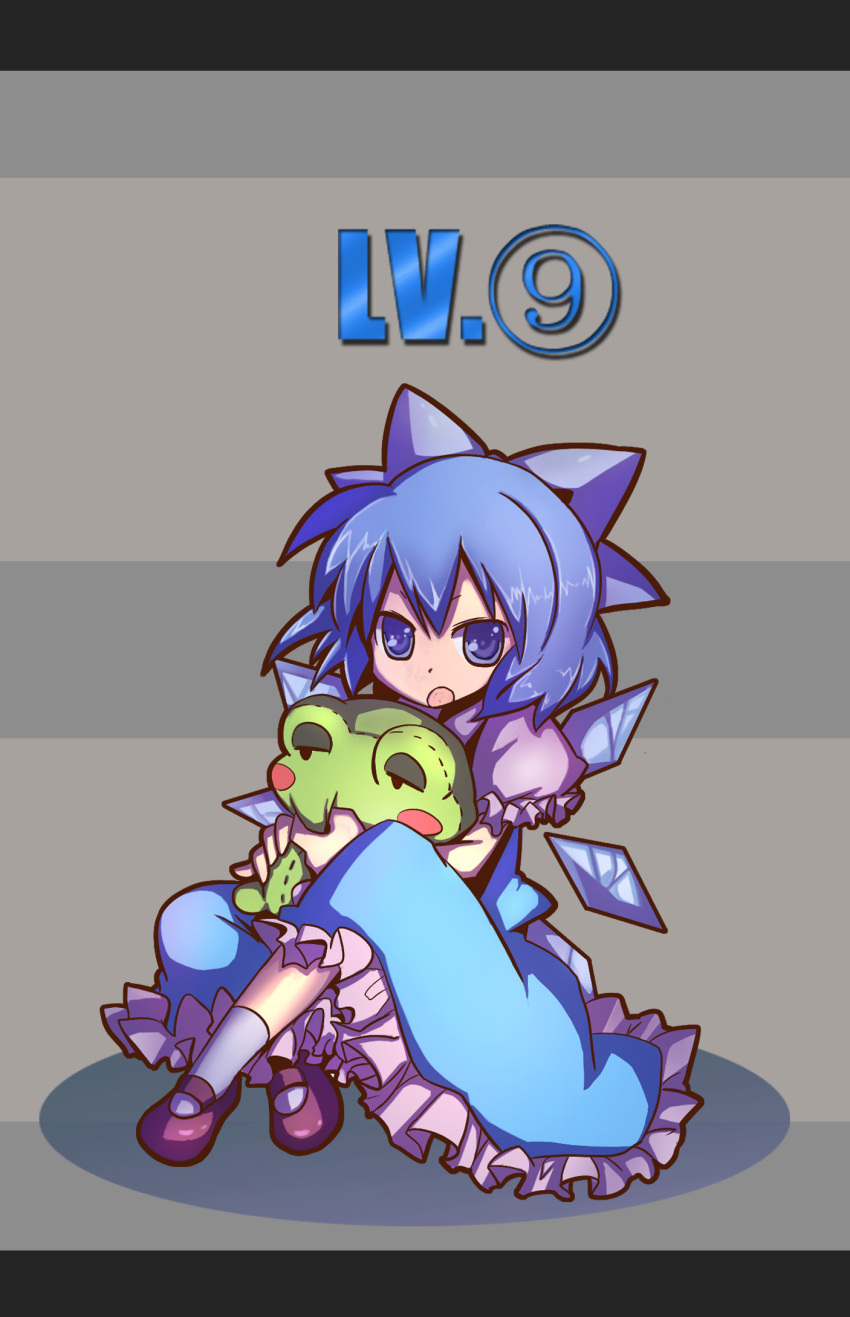 blue_eyes, blue_hair, cirno, frog, level, open_mouth, plushie, ribbon