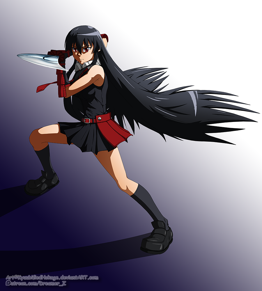 1girl, akame, akame_ga_kill!, belt, black_hair, blade, collar, dress