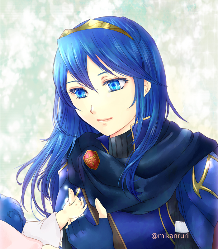 1girl, baby, blue_eyes, blue_hair, cape, fingerless_gloves, fire_emblem, fire_emblem:_kakusei, gloves, long_hair, looking_at_another, lucina, ruri_(magnolia), smile, solo_focus, tiara, twitter_username