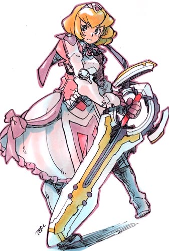 1girl, alexia_lynn_elesius, armor, artist_request, blonde_hair, bow, breasts, dress, gloves, green_eyes, hairband, lowres, ribbon, short_hair, sidelocks, smile, solo, tomoki_(21791), wild_arms, wild_arms_xf