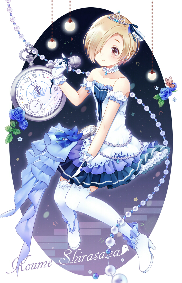 1girl, bare_shoulders, blonde_hair, blush, brown_eyes, character_name, choker, commentary_request