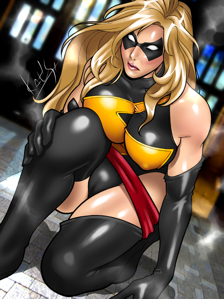 1girl, black_legwear, blonde_hair, breast_press, breasts, carol_danvers, covered_nipples, elbow_gloves