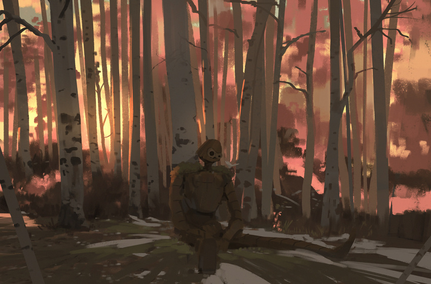 animal, animal_on_shoulder, bird, bird_on_shoulder, blurry, forest, laputa_robot, nature