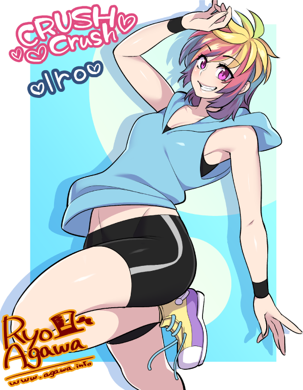 1girl, agawa_ryou, bike_shorts, blonde_hair, crush_crush, hood, hoodie, iro_(crush_crush), multicolored_hair, pink_eyes, redhead, shoes, small_breasts, sneakers, solo, thighs