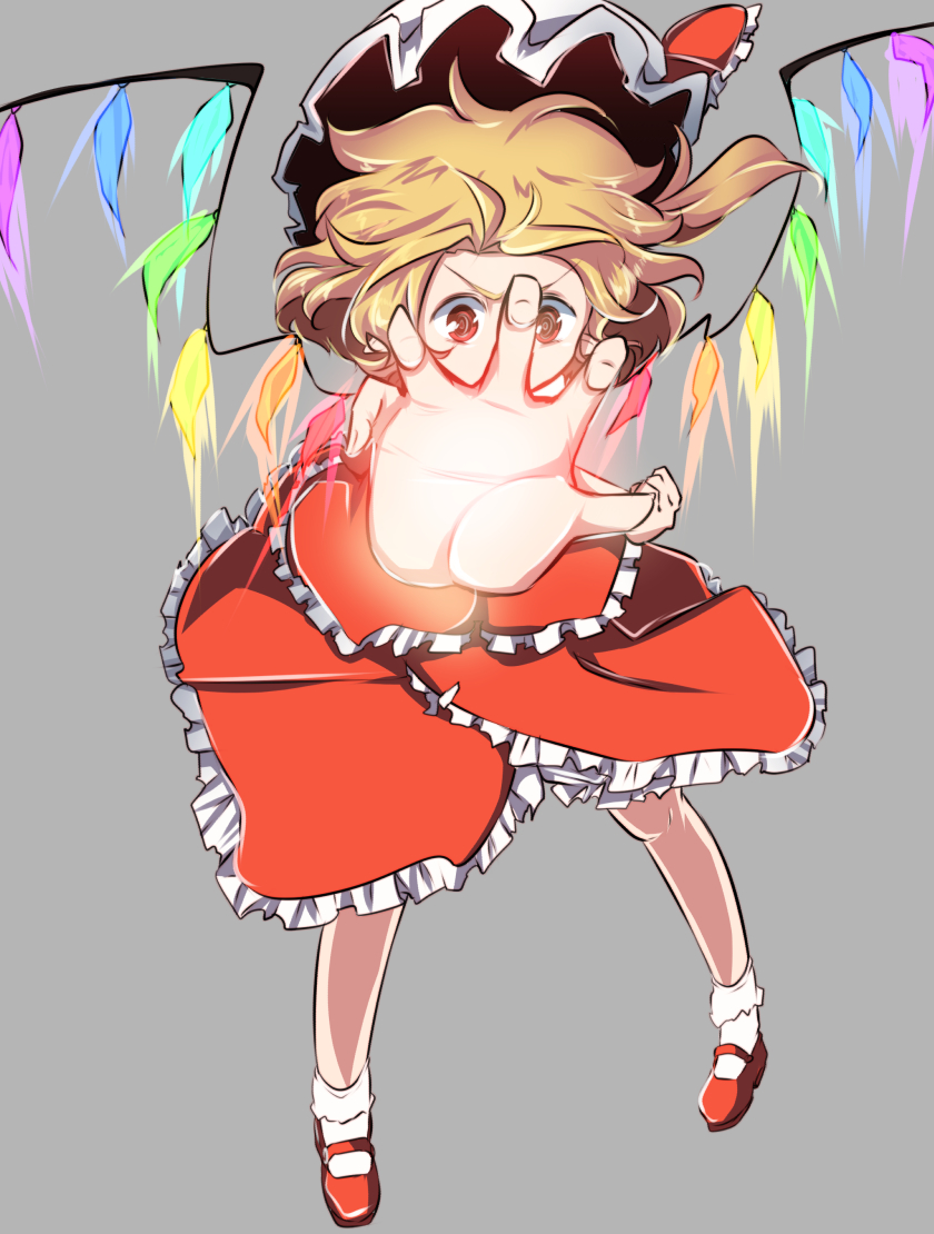 1girl, blonde_hair, bobby_socks, flandre_scarlet, foreshortening, frilled_skirt, frills, full_body, glowing, grey_background, hat, hat_ribbon, looking_at_viewer, mob_cap, outstretched_arm, outstretched_hand, red_eyes, red_ribbon, red_shoes, red_skirt, ribbon, ryannari, shoes, simple_background, skirt, skirt_set, socks, solo, touhou, vest, white_legwear, wings