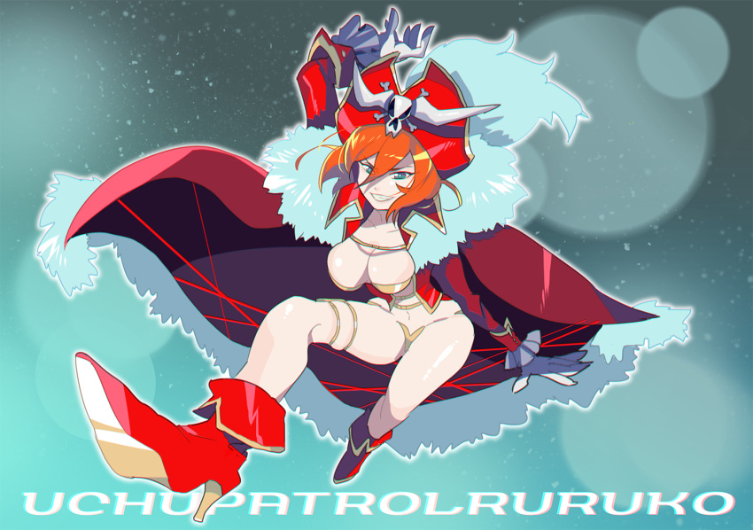 1girl, bangs, boots, breasts, cleavage, coat, fur_trim, grin, hat, lalaco_godspeed, ochiai_maharu, orange_hair, pirate, pirate_hat, revealing_clothes, short_hair, skull_and_crossbones, smile, solo, thigh_strap, uchuu_patrol_luluco