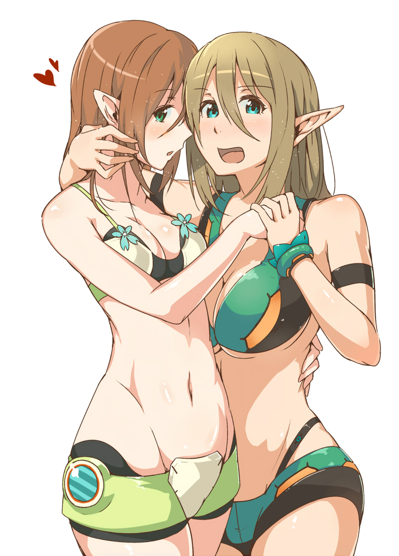 2girls, aqua_eyes, arm_around_neck, armband, blonde_hair, blush, bracelet, breasts