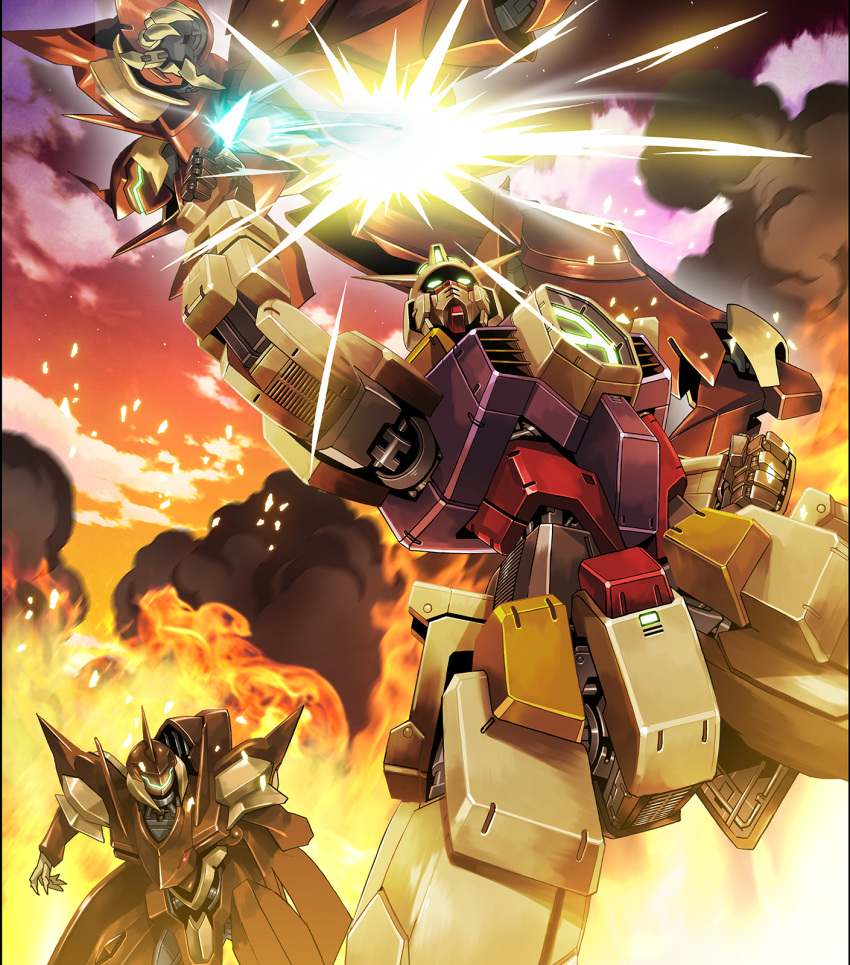 battle, clenched_hand, clouds, energy_sword, fire, gafran, glowing, glowing_eyes