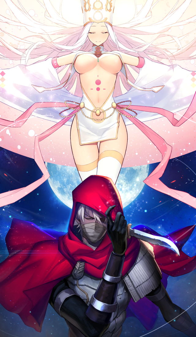 1boy, 1girl, bare_shoulders, breasts, center_opening, closed_eyes, crown, dark_skin