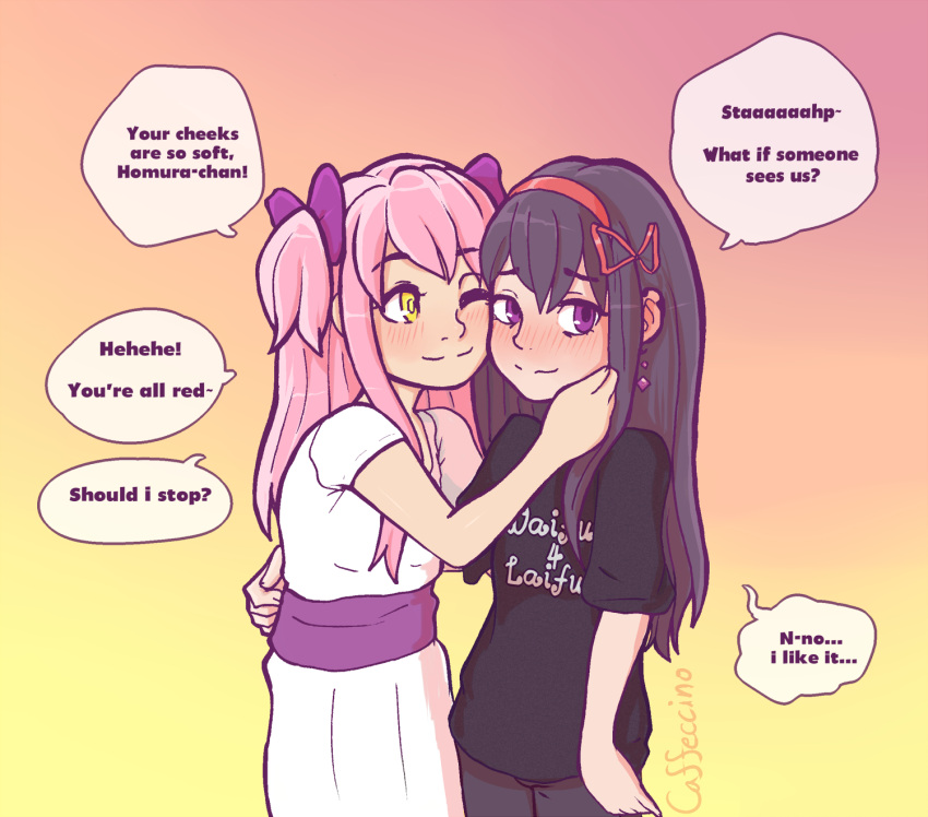 2girls, akemi_homura, black_hair, blush, caffeccino, cheek-to-cheek, clothes_writing, commentary