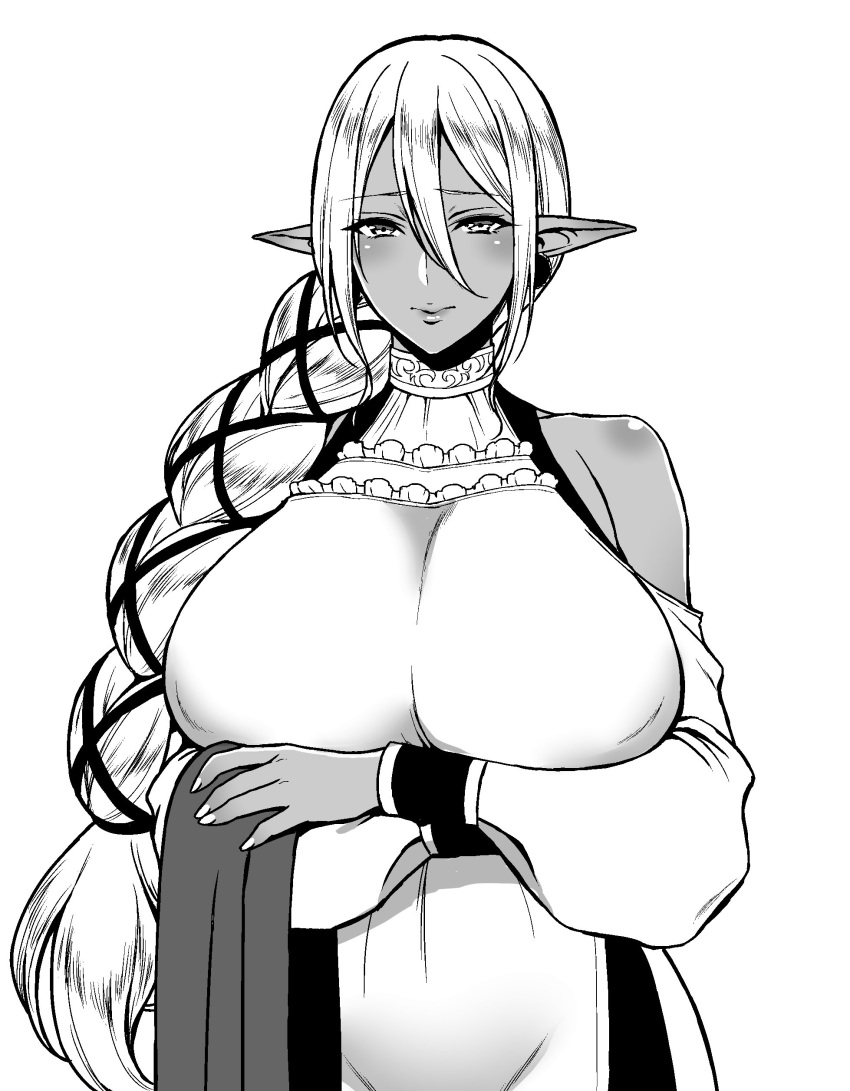 absurdres, braid, breasts, crossed_arms, dark_elf, dark_skin, dress, elf