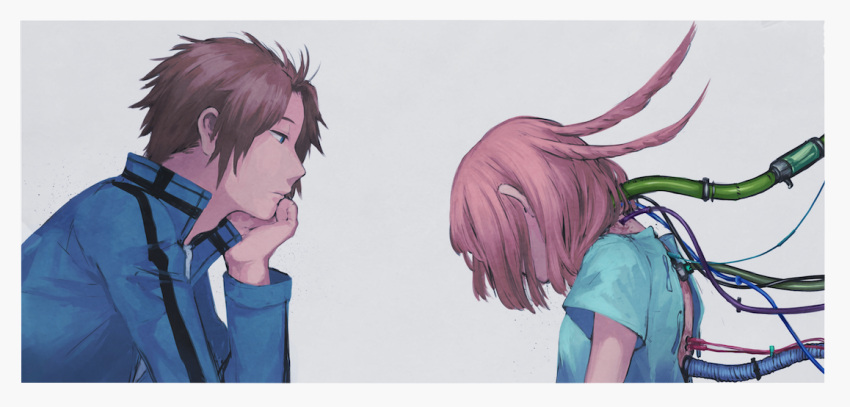 1girl, bangs, blue_eyes, blue_jacket, bob_cut, brown_hair, cable, closed_mouth, face_down, from_side, grey_background, harunathunder_(neruneruzzz), head_rest, hospital_gown, jacket, jin_yuuichi, konami_kirie, light_frown, long_sleeves, looking_at_another, profile, short_hair, short_sleeves, simple_background, uniform, upper_body, white_border, world_trigger
